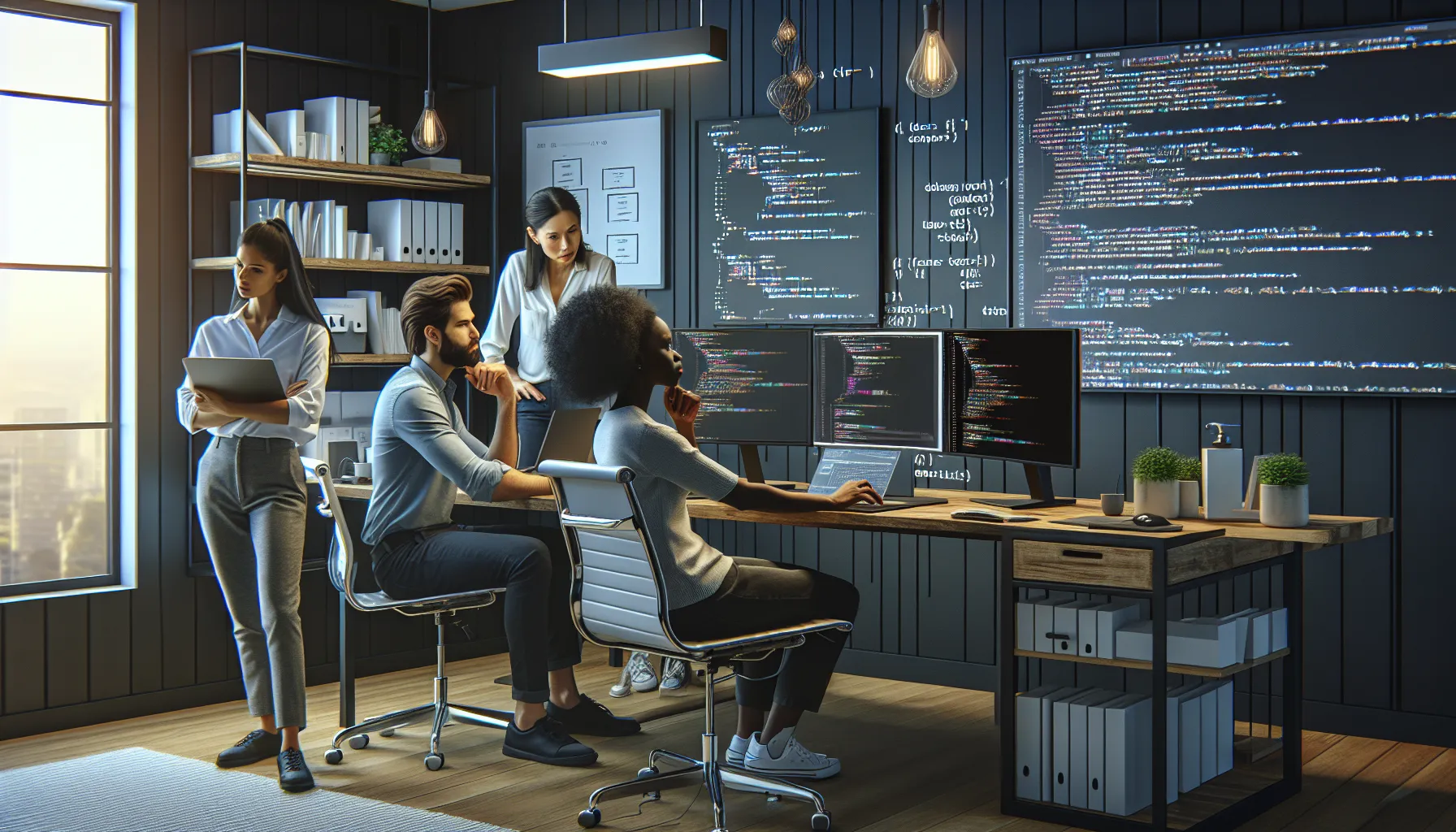 diverse team collaborating on code debugging in a modern office.