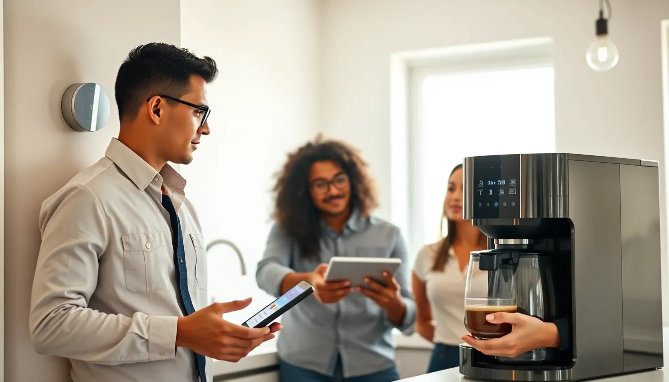 professionals installing smart home devices in a modern kitchen.