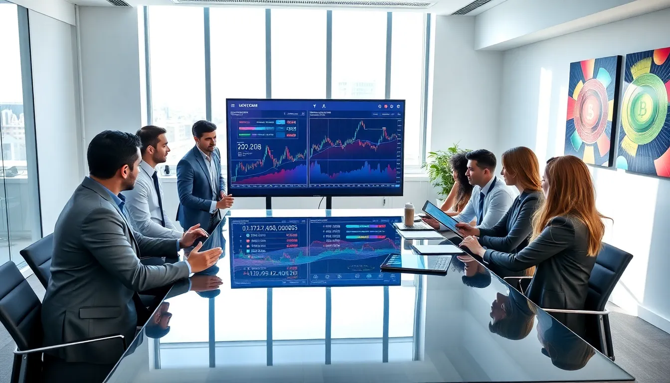 diverse team discussing altcoins in a modern office setting.
