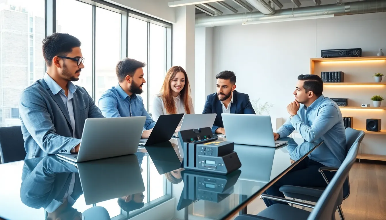 diverse team discussing WebBizMagnet.com hardware in a modern office.