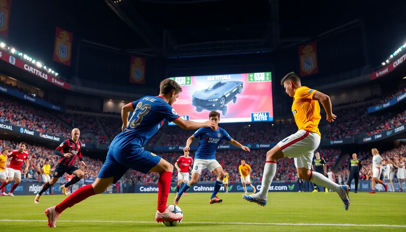 players in action during a vibrant football match in a stadium.