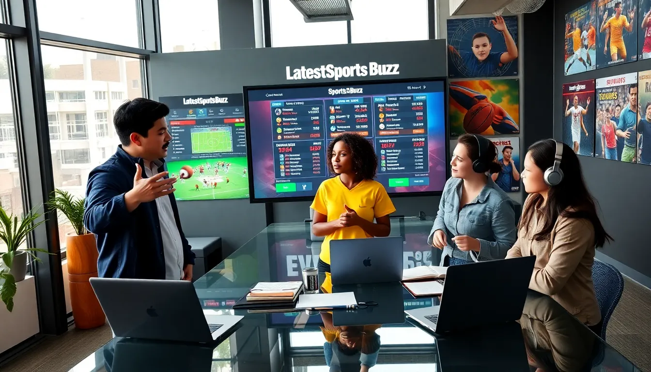 a diverse team discussing sports analytics in a lively office.