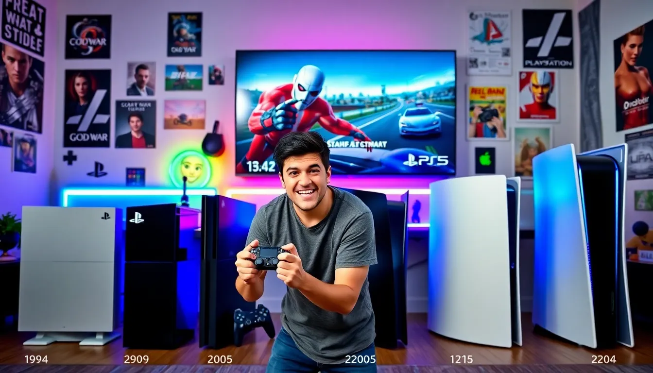 a collage of PlayStation consoles showcasing their evolution over the years.
