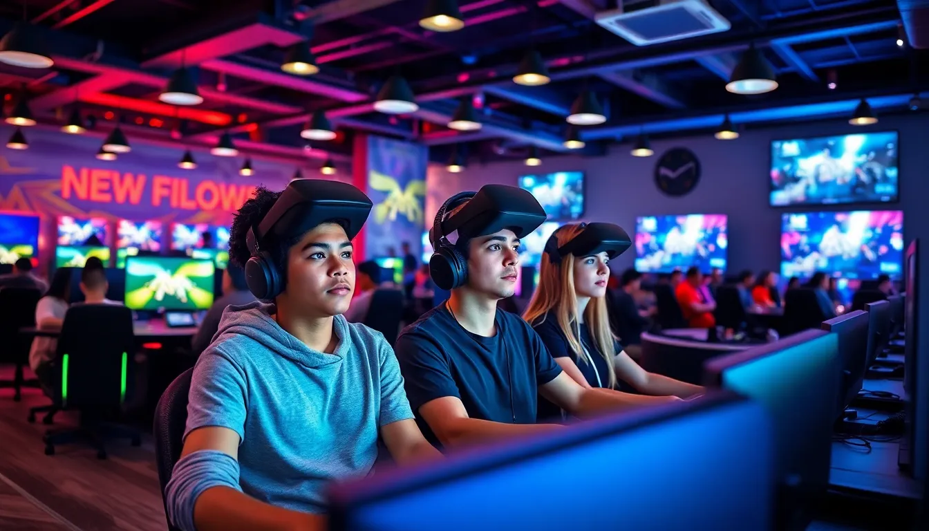 diverse gamers in a modern gaming center in Frisco, Texas.