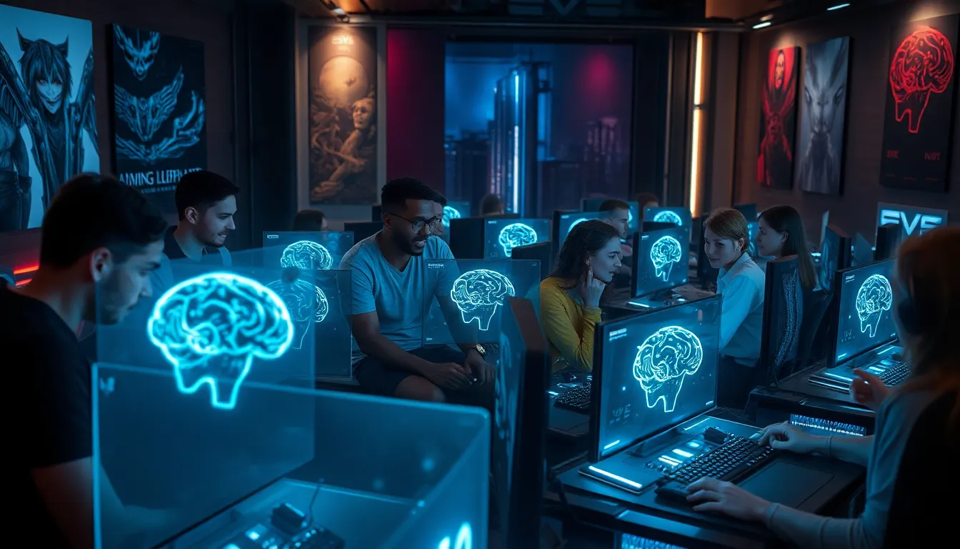 diverse team of gamers discussing EVE Online implants in a high-tech setting.