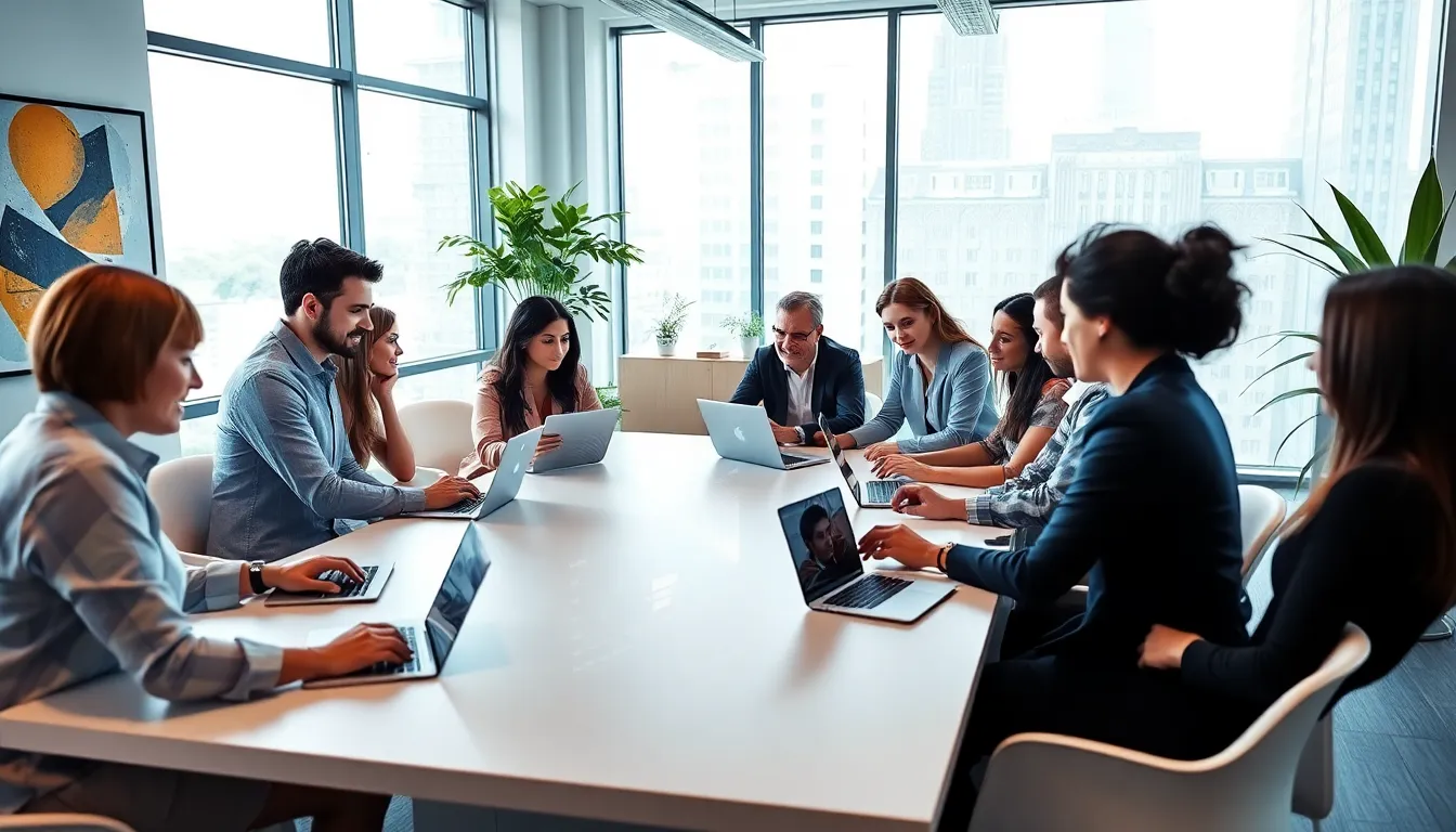 diverse professionals collaborating in a modern tech office.