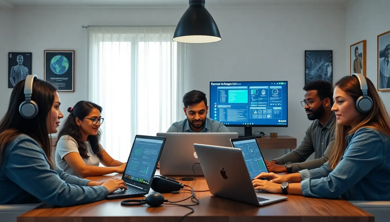 diverse cybersecurity professionals collaborating in a modern home office.