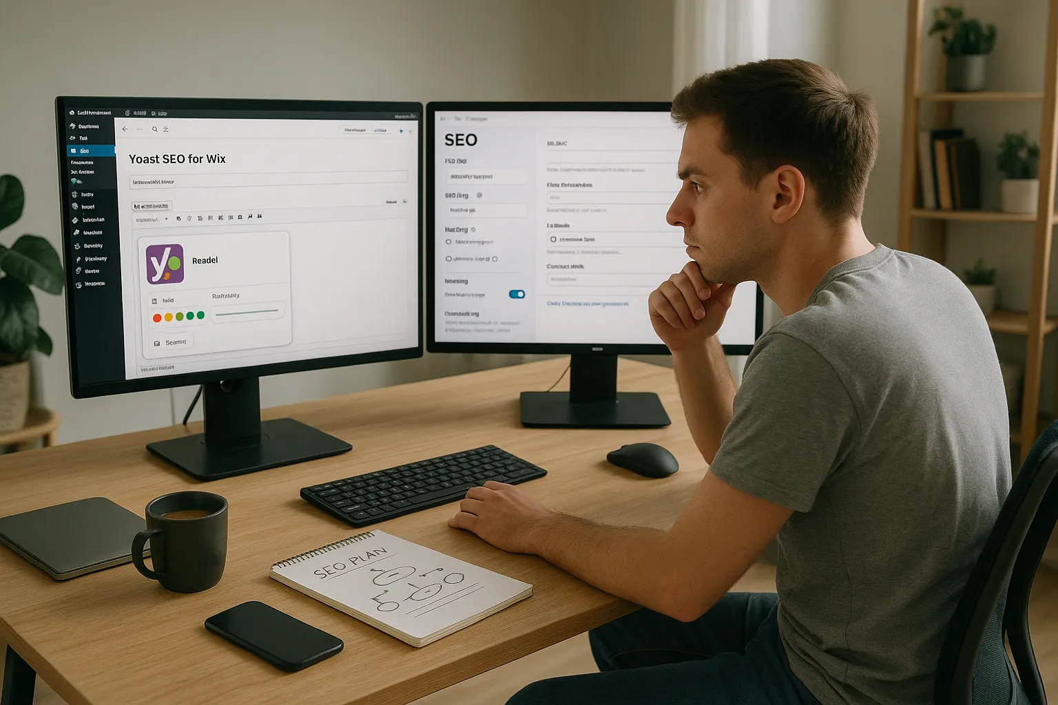 Marketer compares Yoast SEO in WordPress with Wix SEO settings on dual monitors.