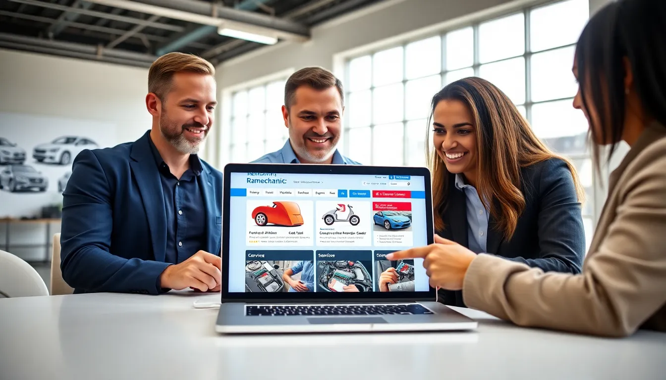 Group discussing Ramechanic.com in a modern workspace.