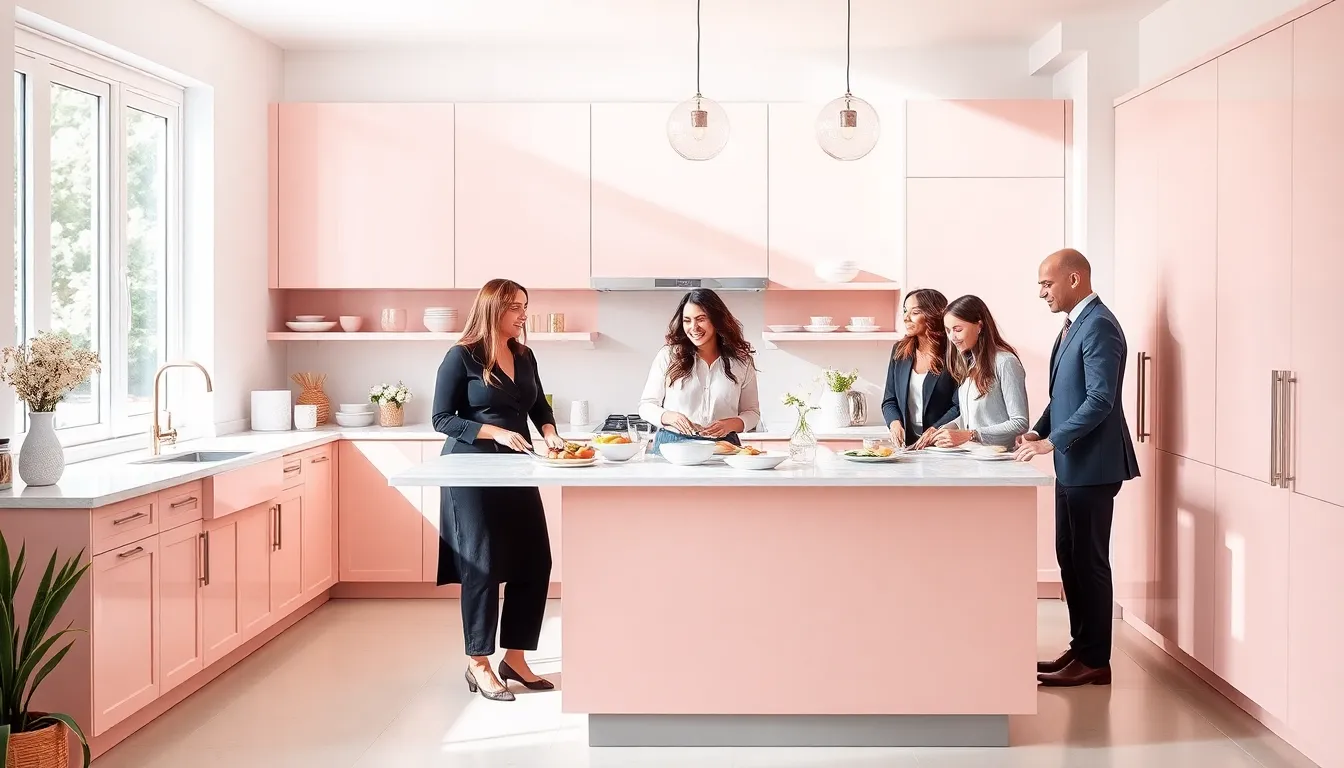 modern kitchen featuring soft pink cabinetry and diverse professionals cooking together.