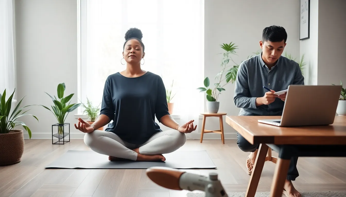 diverse group practicing mindfulness in a modern home office.