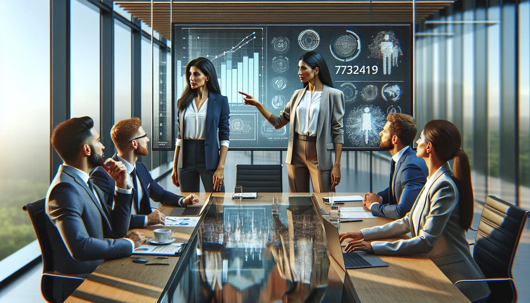 diverse team collaborating over numeric data in a modern office.