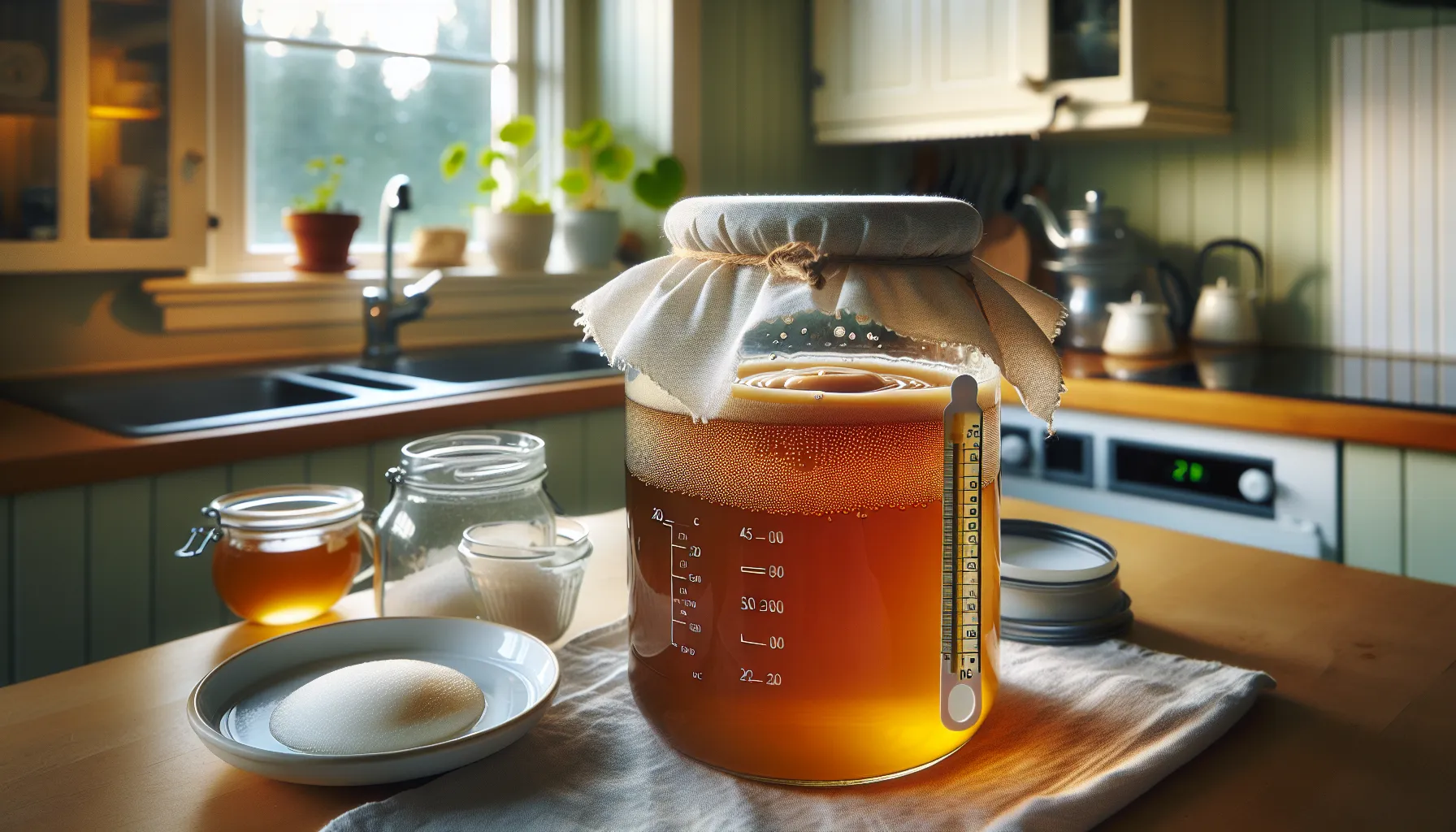 Glass jar of kombucha with scoby, thermometer, and ph strip in a clean kitchen.