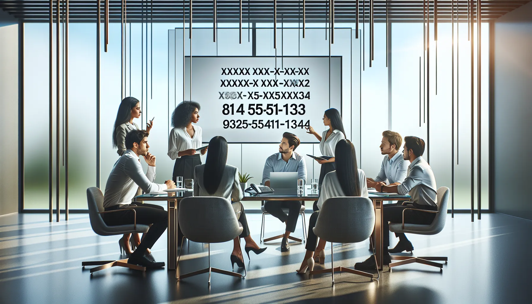 professionals discussing phone number formats in a modern office setting.
