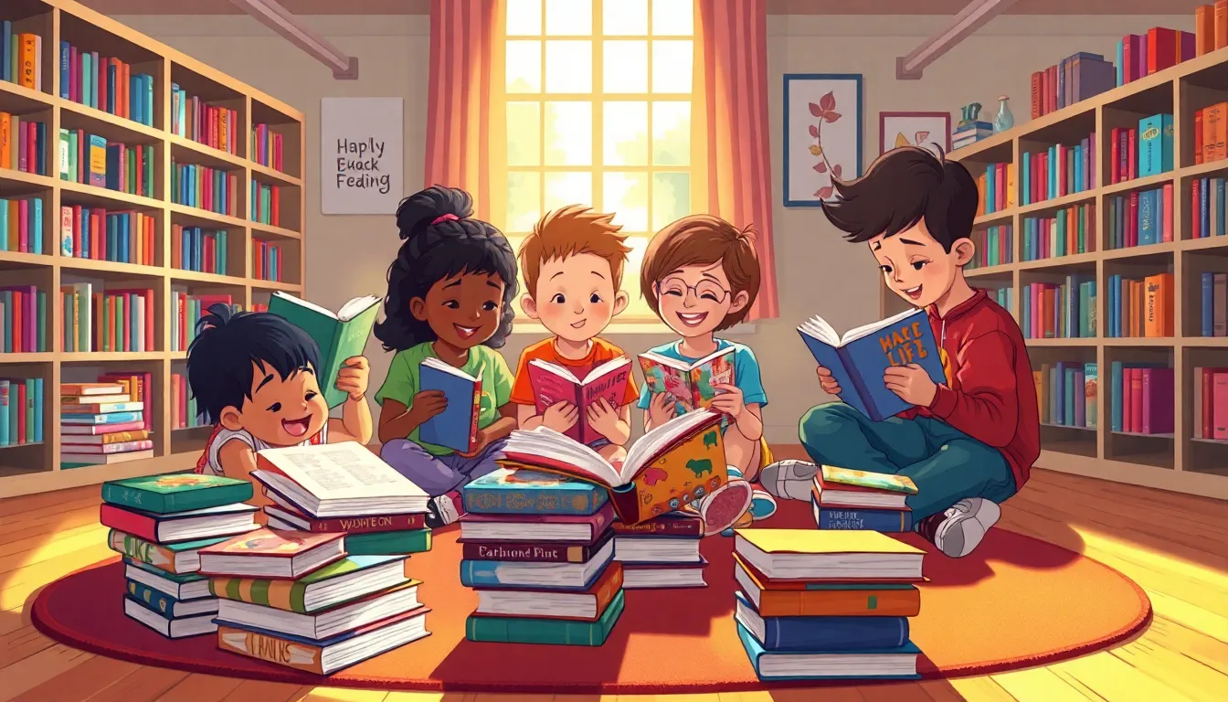 children engaged in reading in a colorful library.