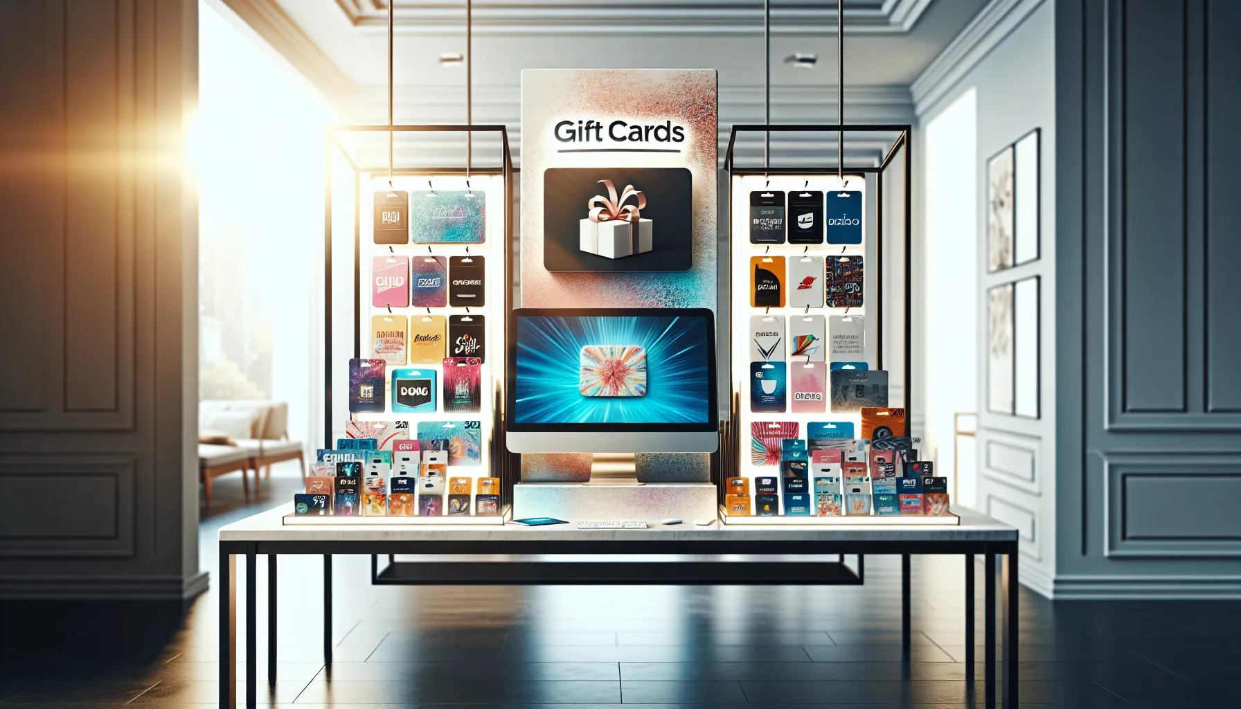 Display of gift cards from popular retailers in a modern office setting.