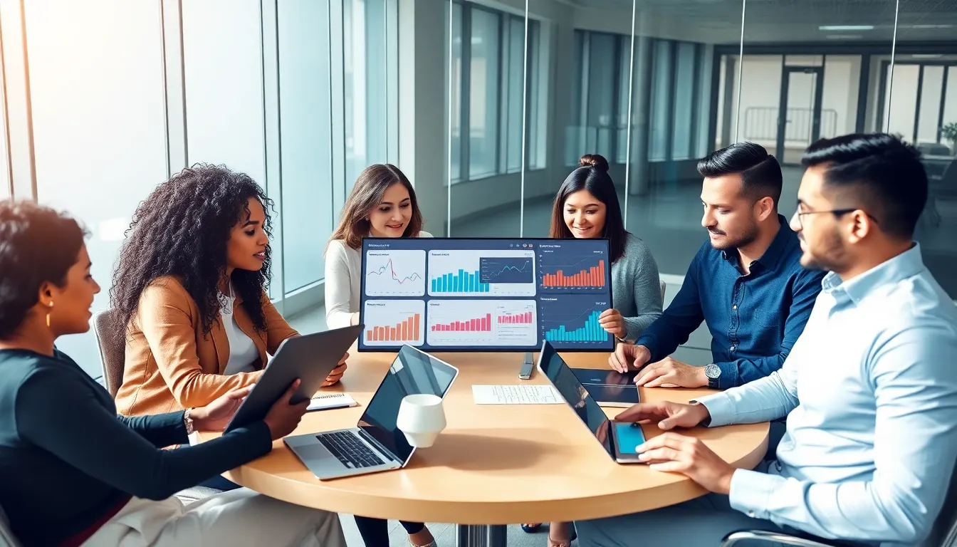 diverse team collaborating using the Duyurulariov01001 platform in a modern office.