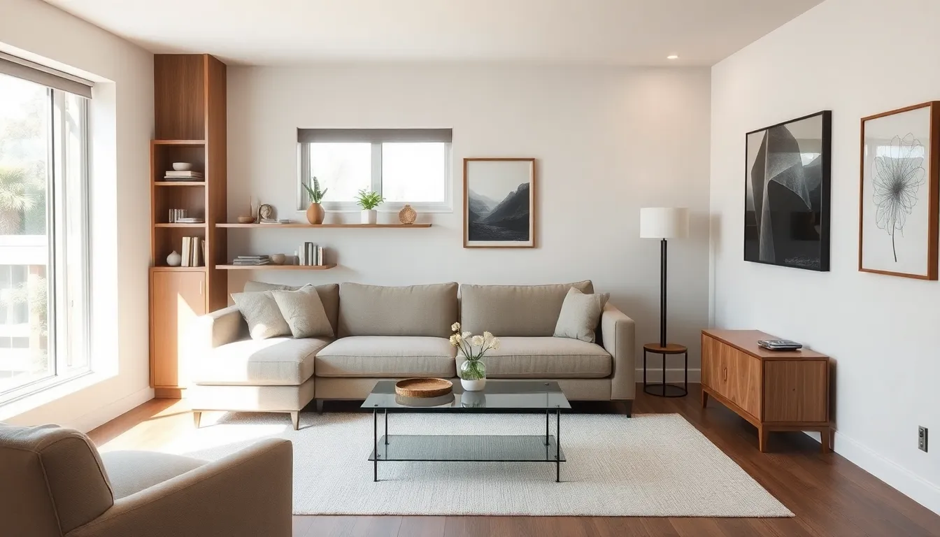 stylish small living room with modern furniture and natural light.