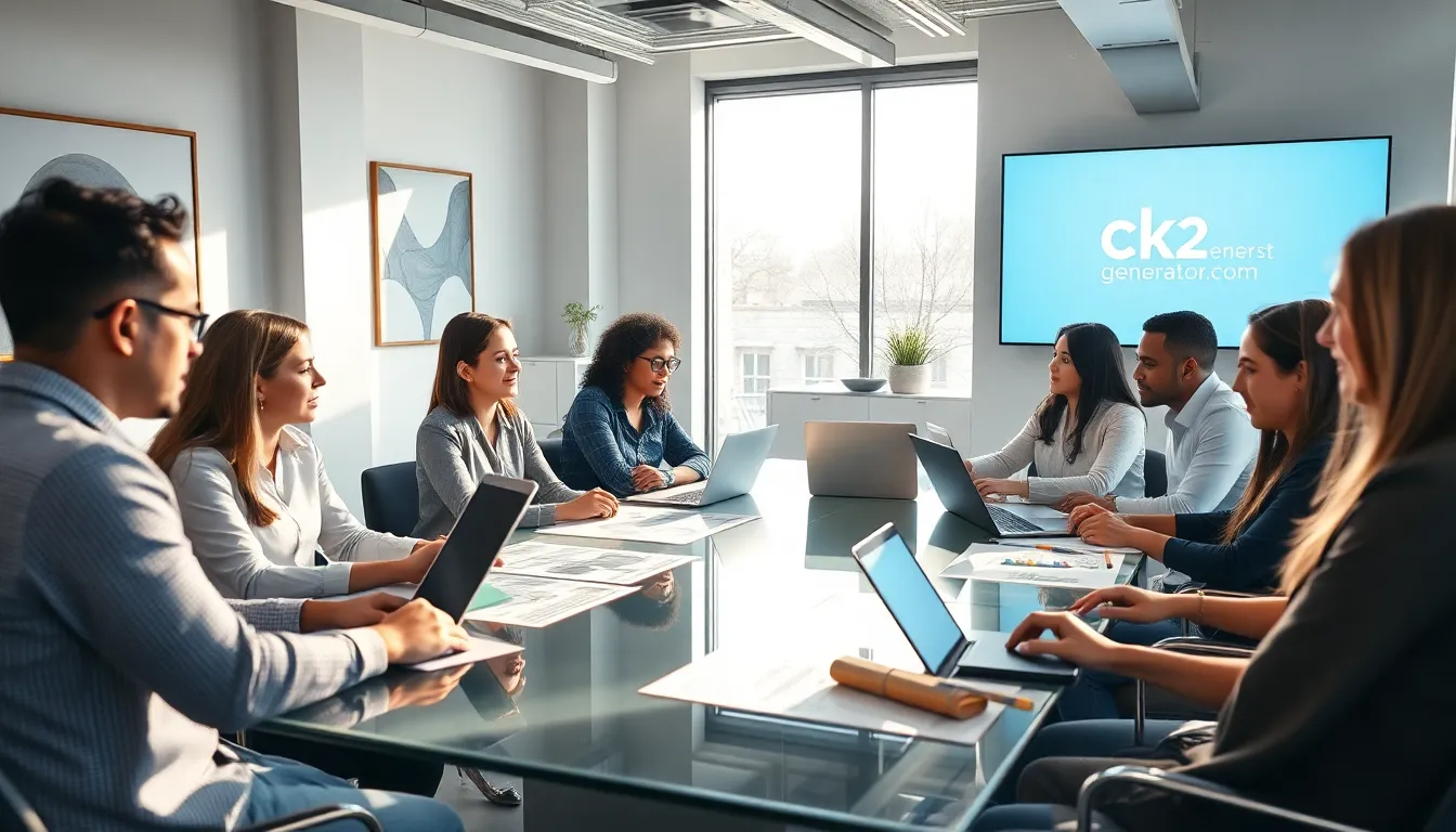 diverse team collaborating on content creation tools in a modern office.