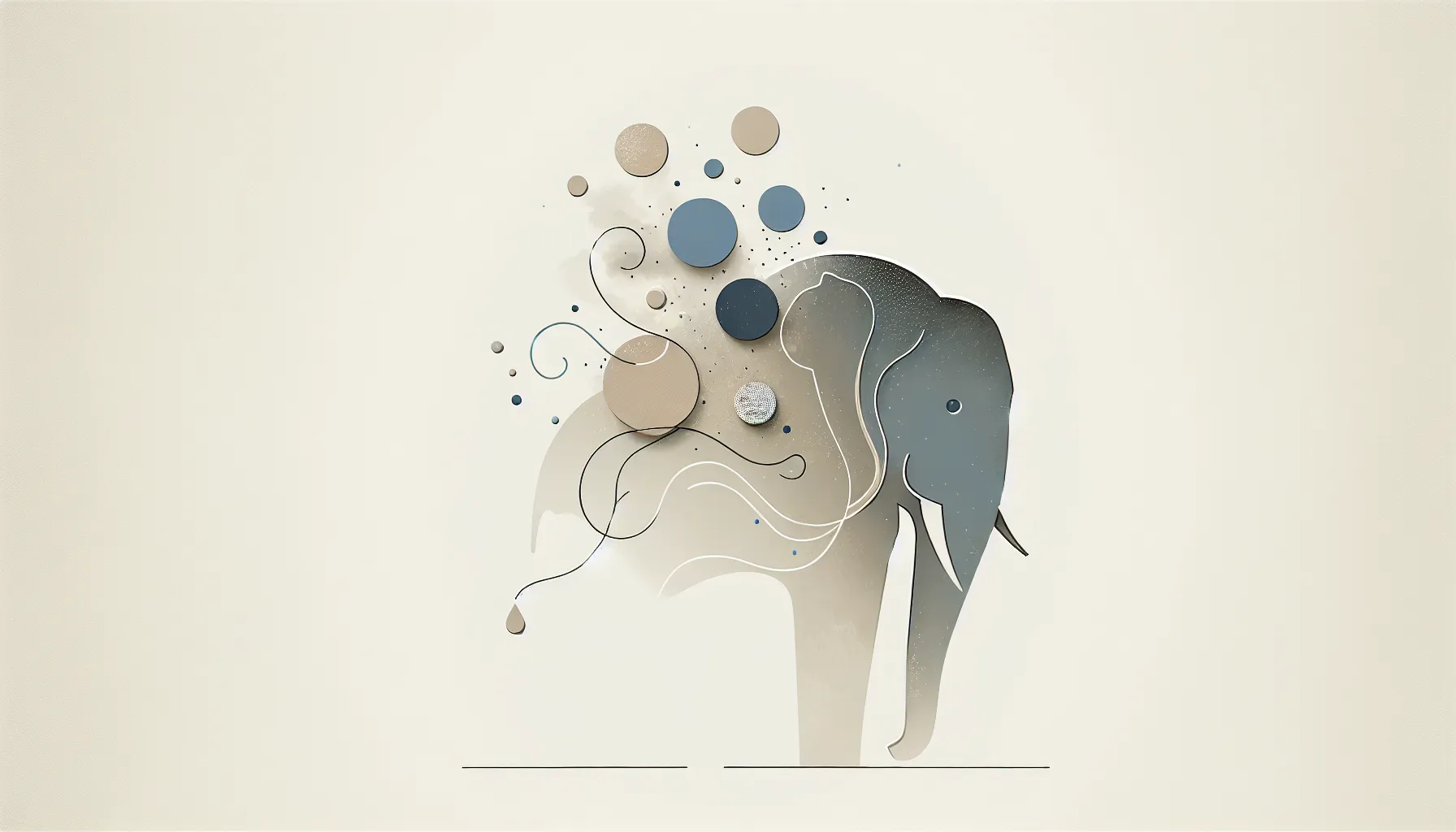 Minimalist elephant silhouette with memory symbols on white background
