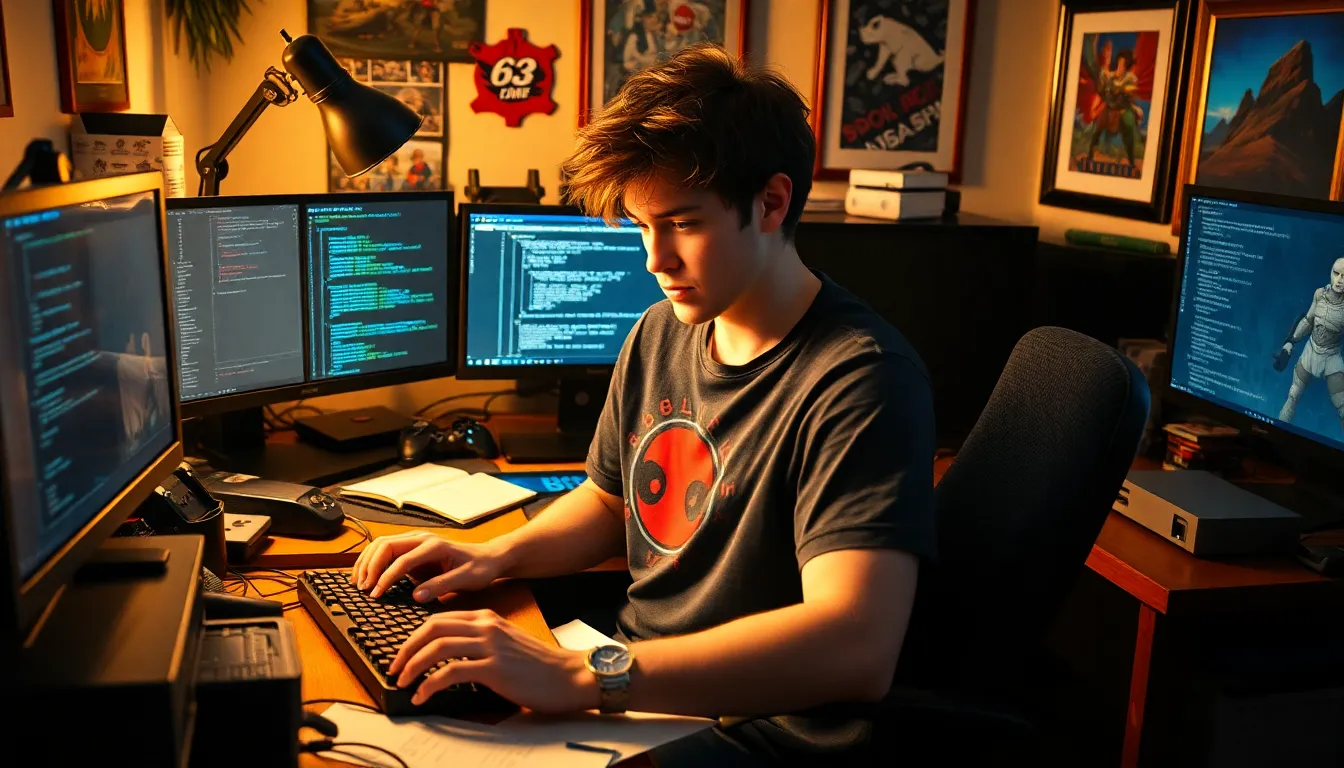 a young man coding in a cozy home office filled with game memorabilia.