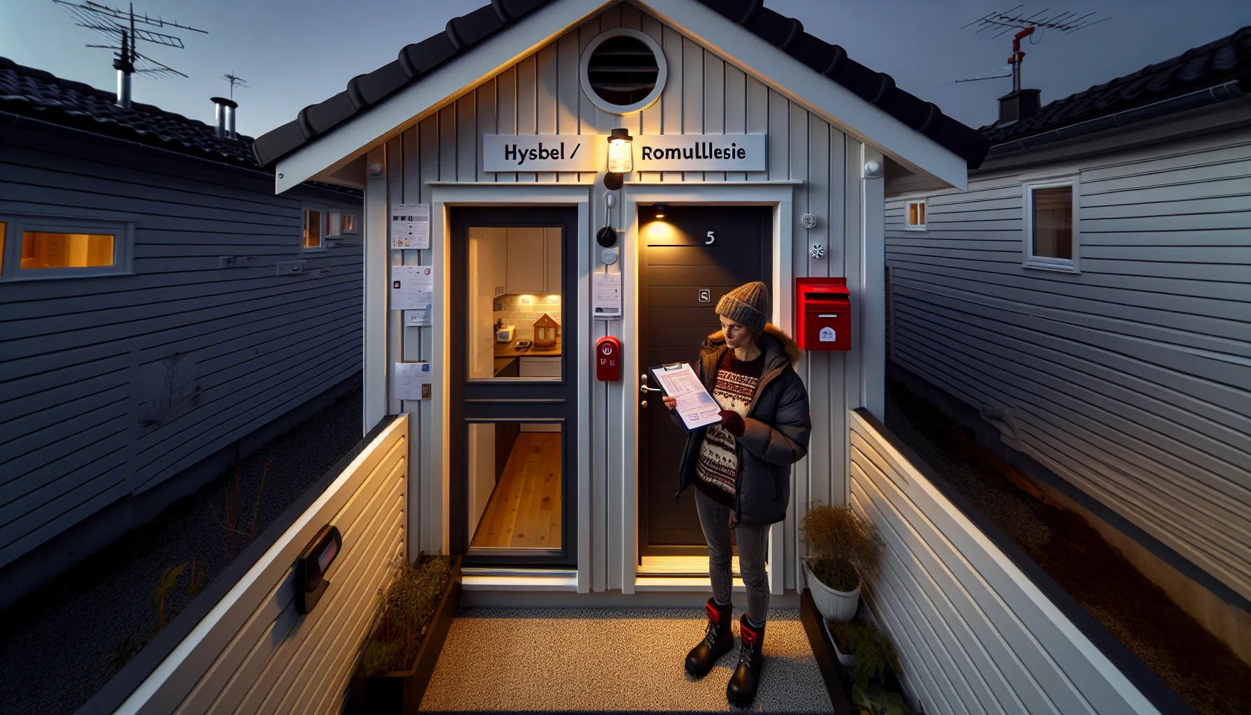 Norwegian homeowner by a separate basement rental entrance as tenants arrive.