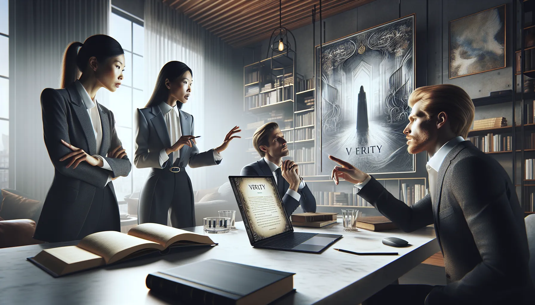 team analyzing a manuscript in a modern office setting.