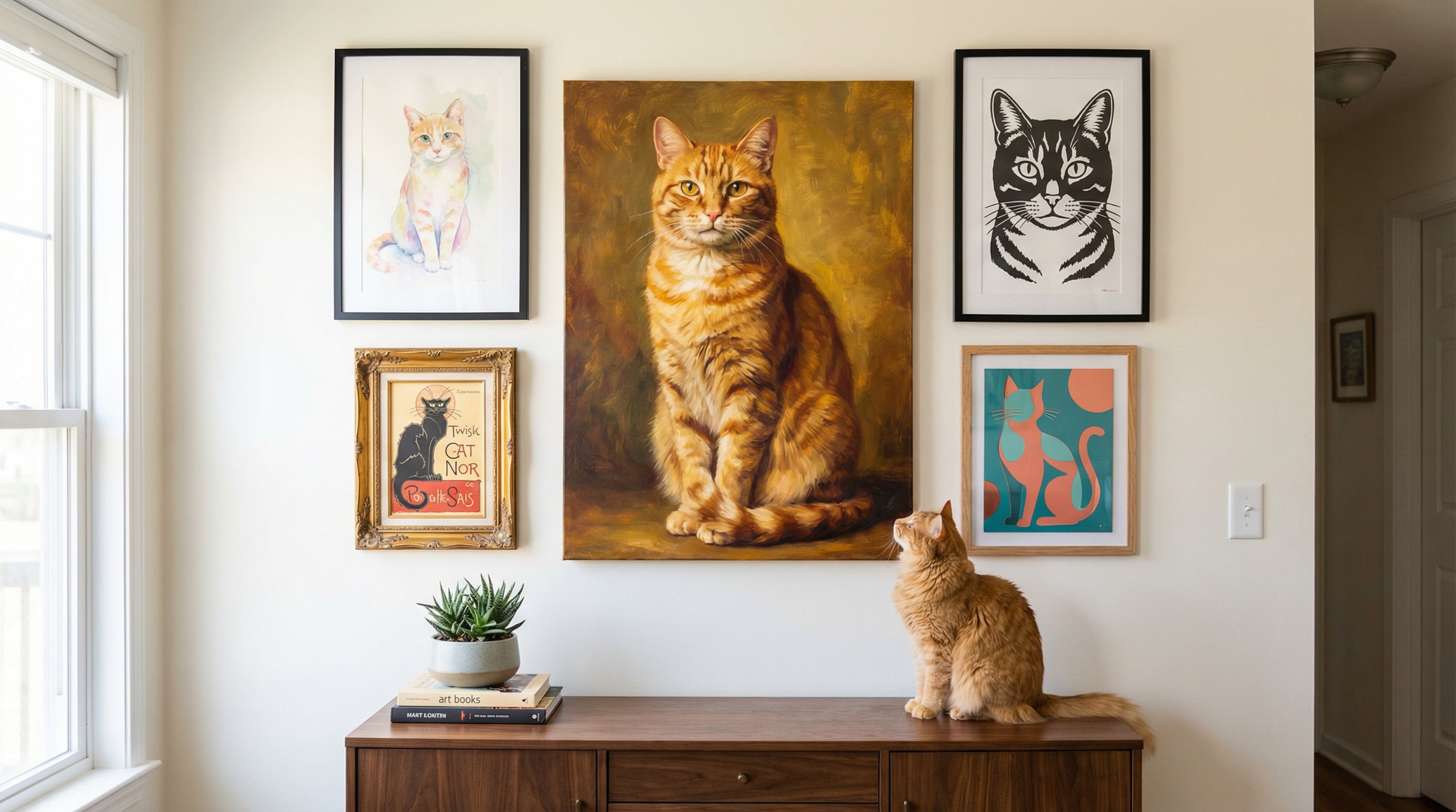 Curated gallery wall of mixed cat artwork styles in a modern living room.