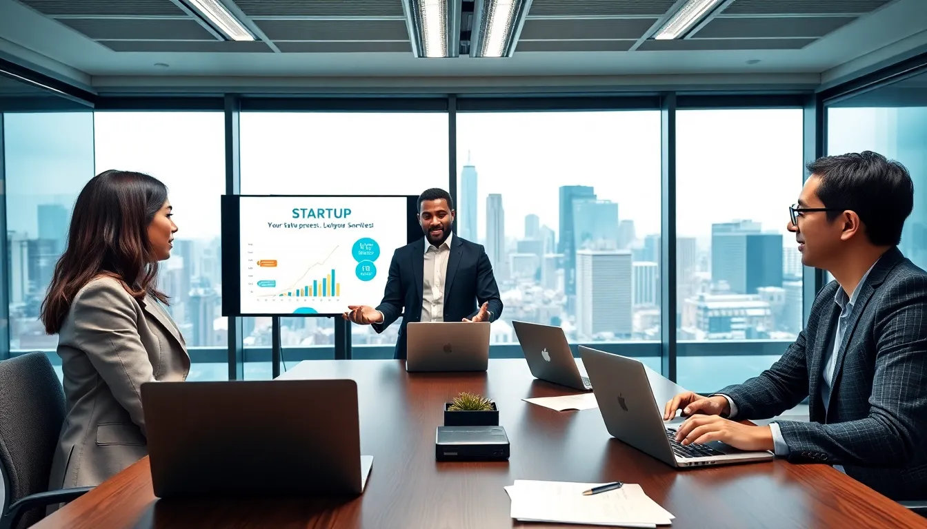 diverse professionals in a pitch meeting for Series A funding.