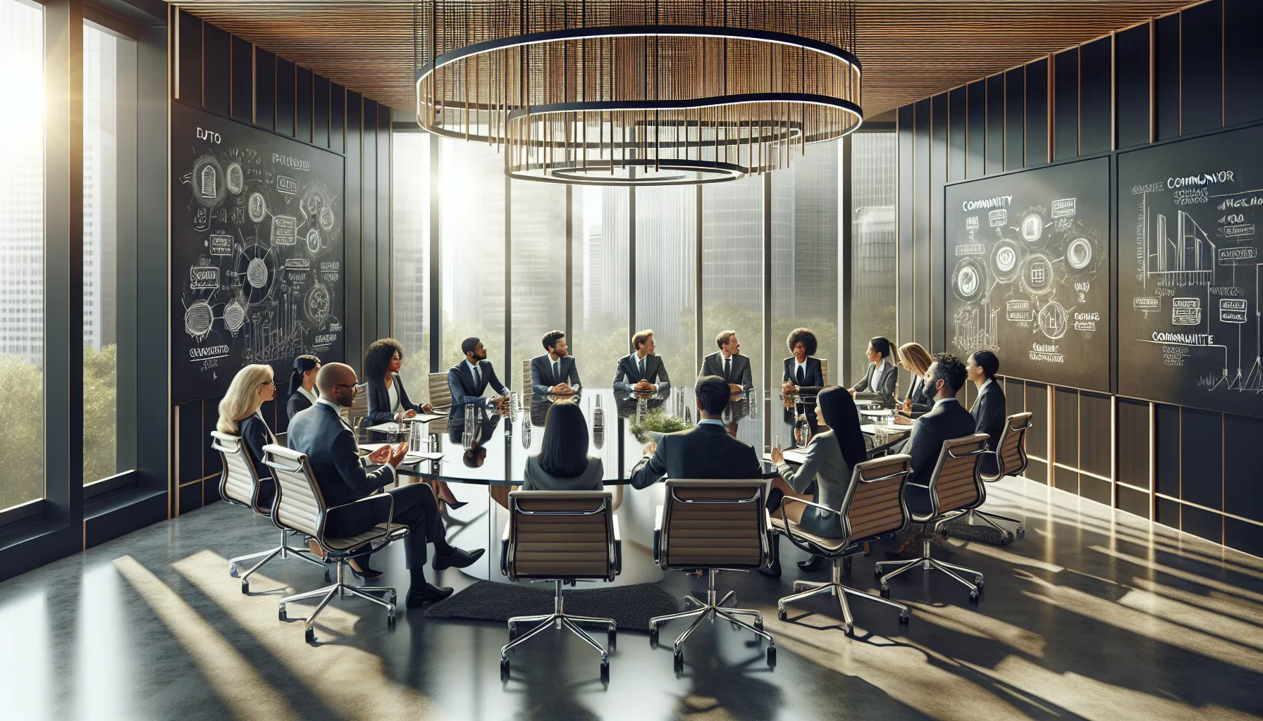 diverse professionals discussing community support in a modern office.