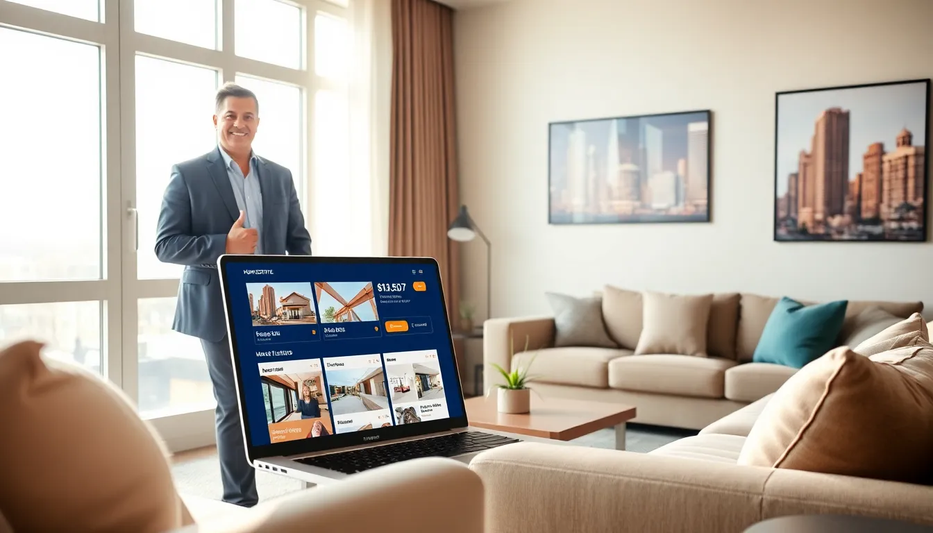 A real estate agent showing a laptop with HomeRocketRealty services in a bright living room.
