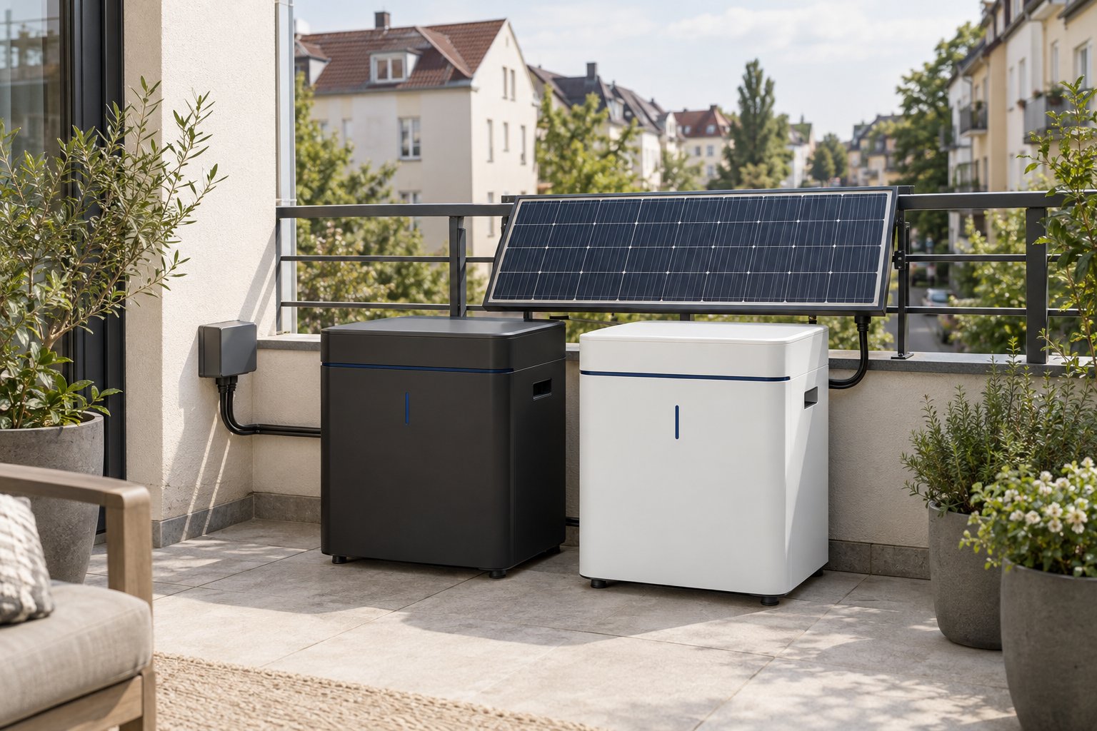 Zwei Batteriespeicher neben Photovoltaikmodulen auf einer modernen Terrasse