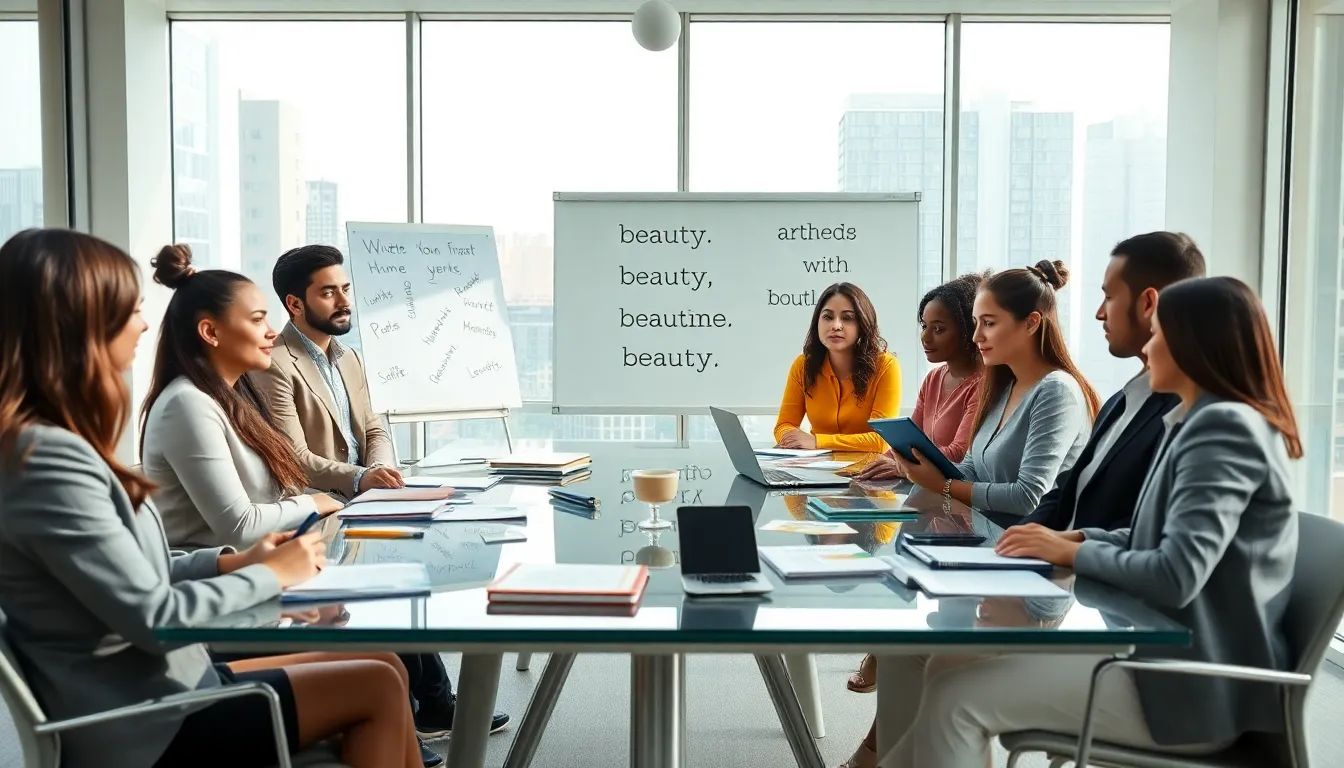 diverse professionals collaborating on poetic rhymes in a modern office.