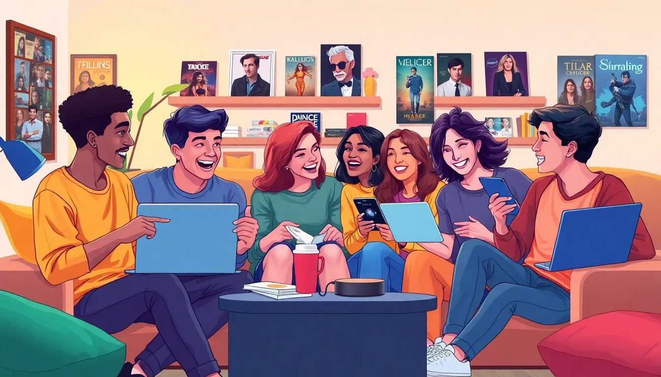 diverse young adults discussing entertainment in a cozy living room.