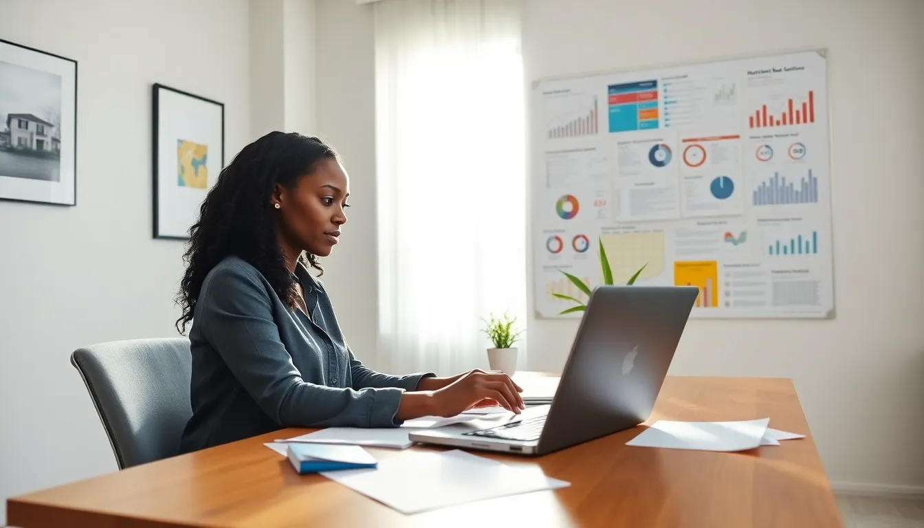 a young analyst reviewing real estate trends in a modern office.