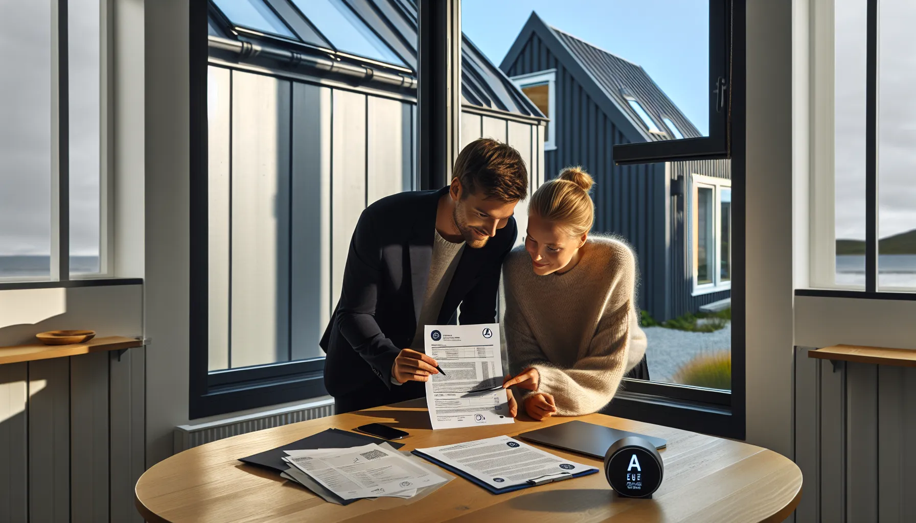 Norwegian couple reviews a green loan offer with energy-rated home upgrades.