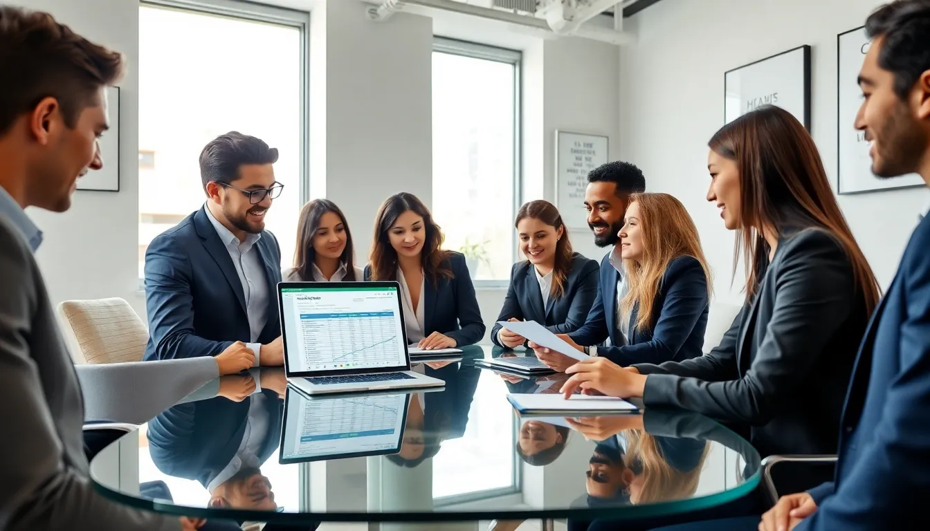 team discussing a Google Sheets habit tracker in a bright office.