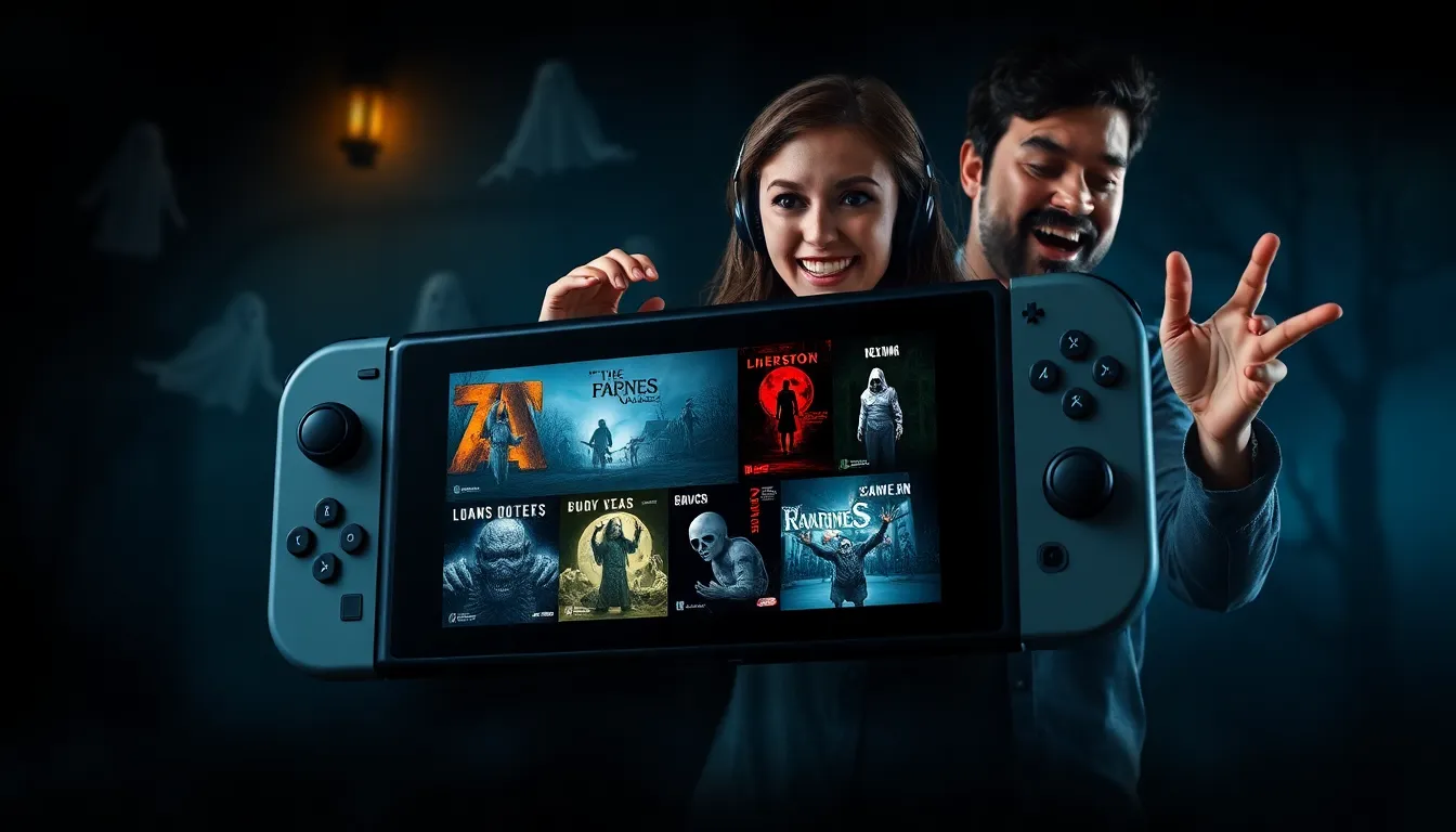 Nintendo Switch showcasing horror games in a dark, atmospheric setting.