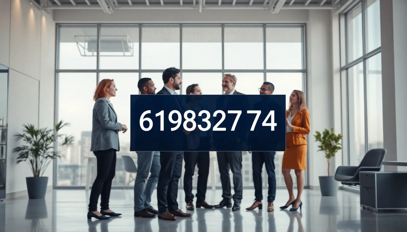 team discussing the number 6198327374 in a modern office.