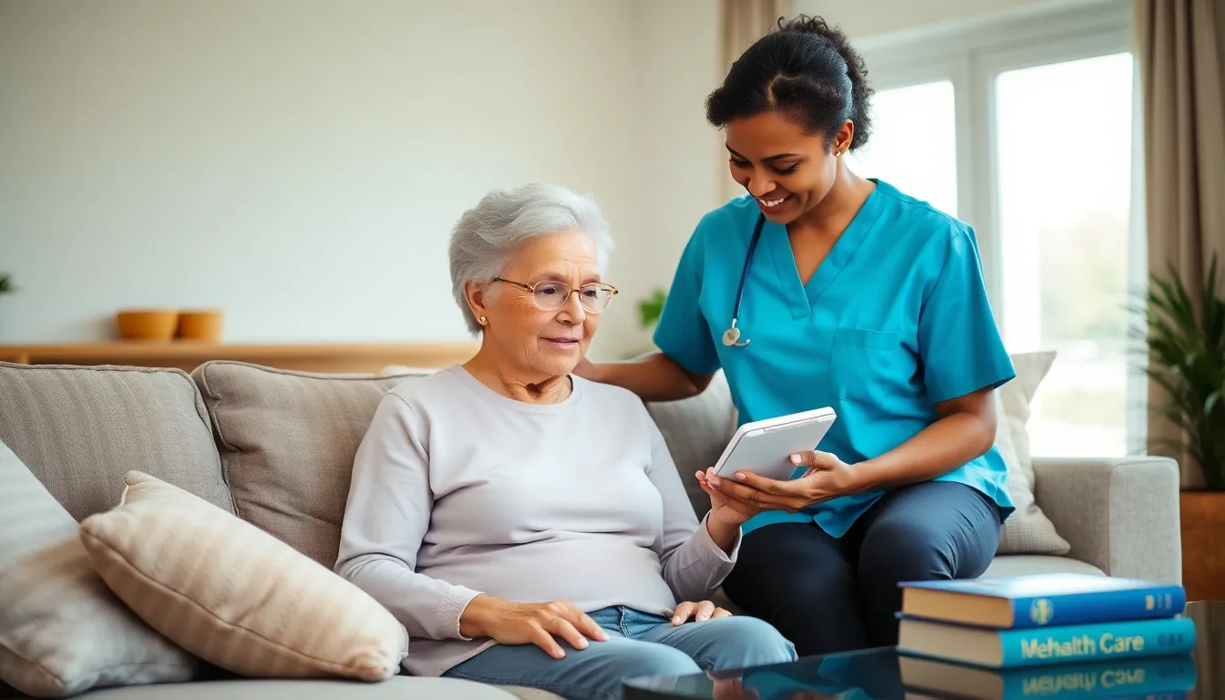 caregiver assisting an elderly woman in a cozy living room.