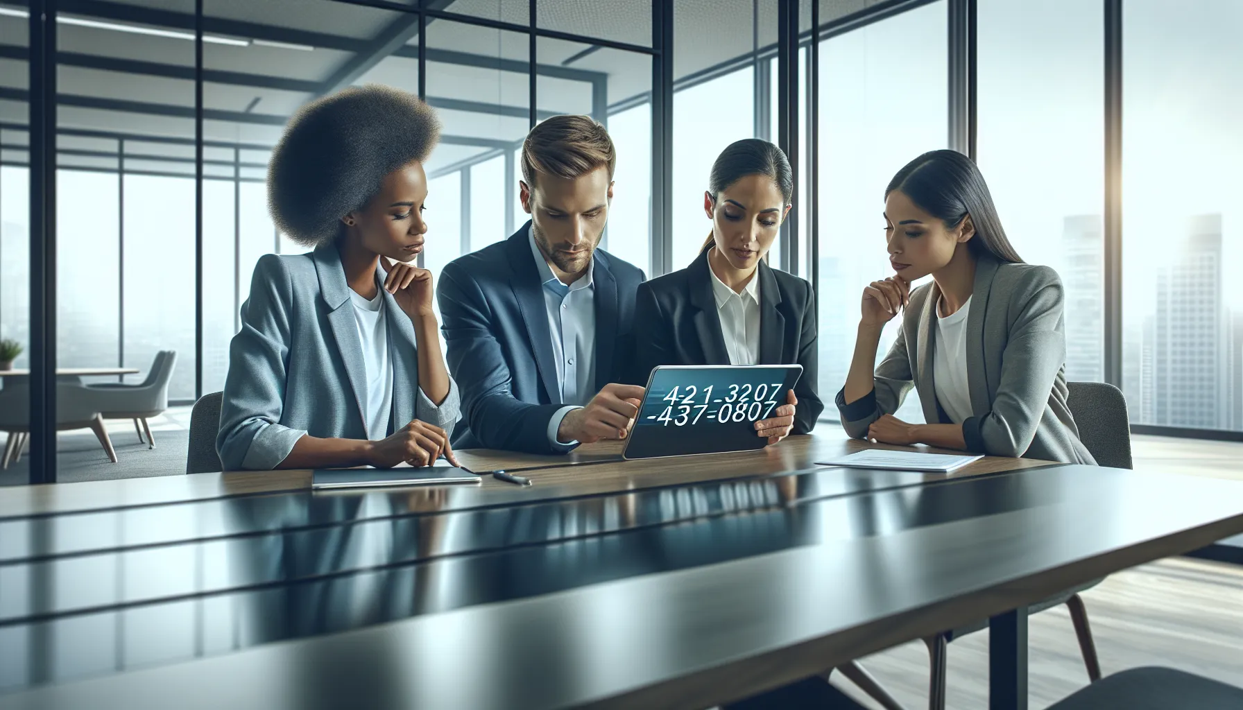 diverse team discussing the number 4242570807 in a modern office.