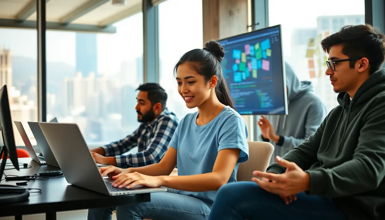 a diverse group of developers collaborating in a modern office on web applications.