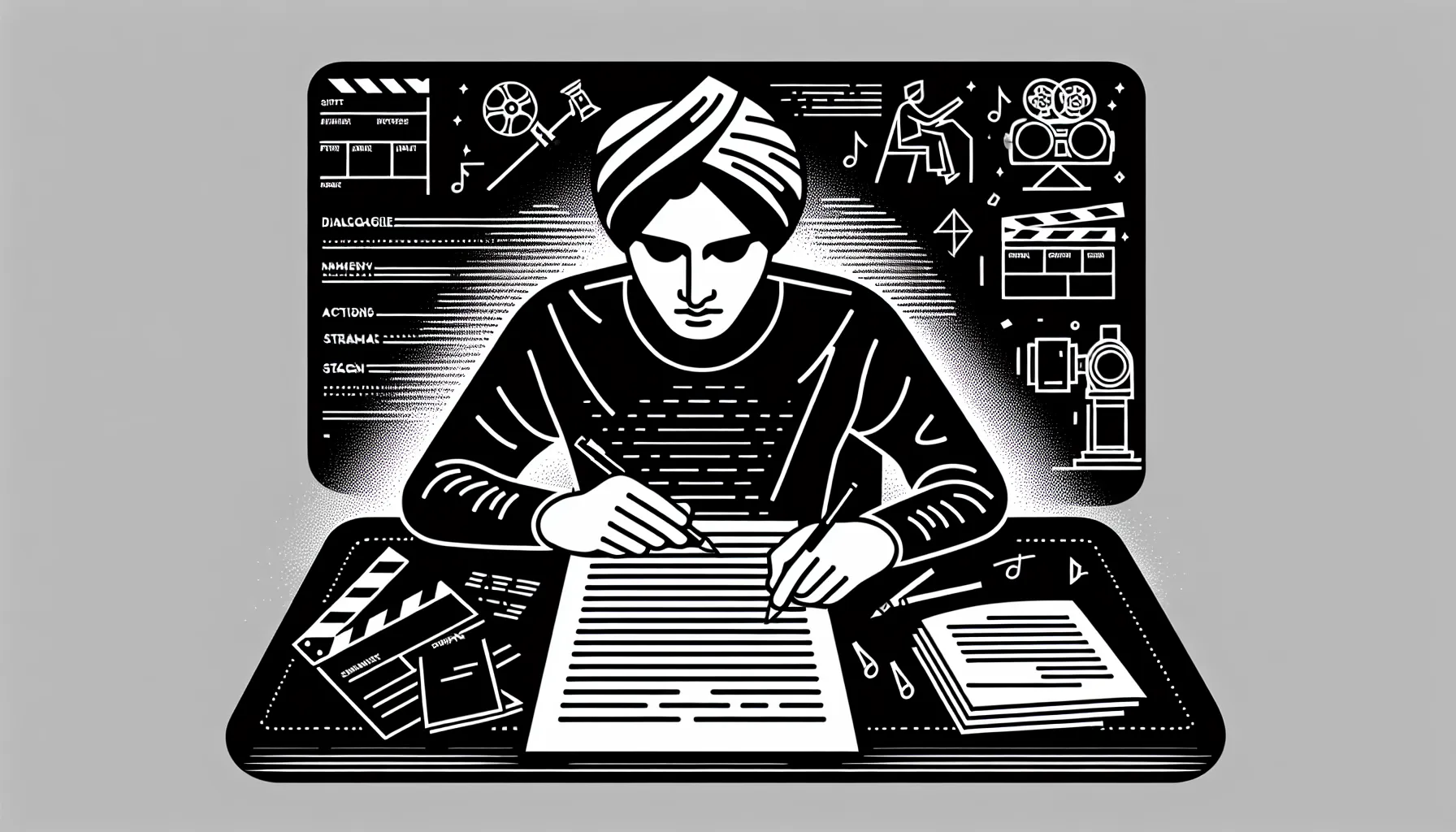 a scriptwriter drafting a screenplay at a desk with film elements nearby