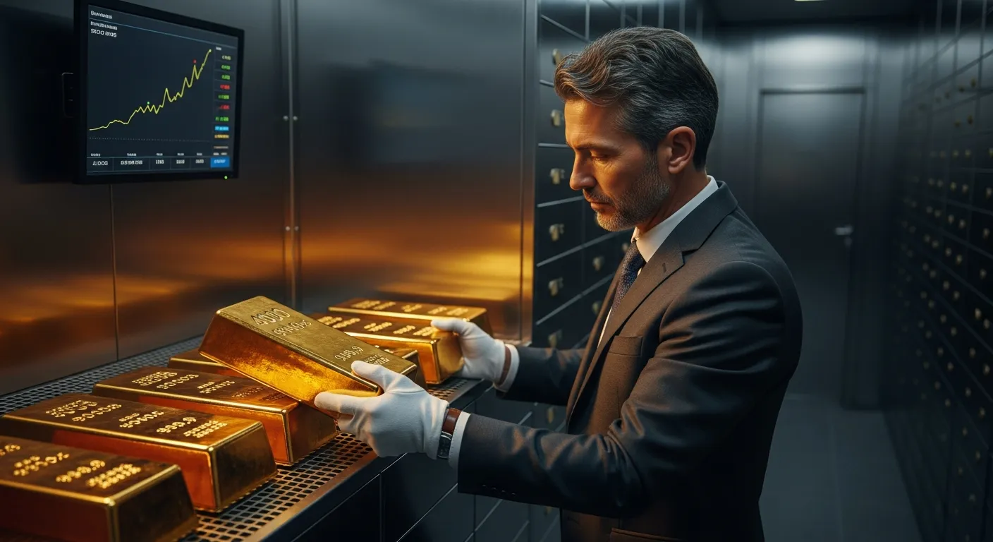 A professional vault manager stacking gold bars in a secure facility with financial charts in the background.