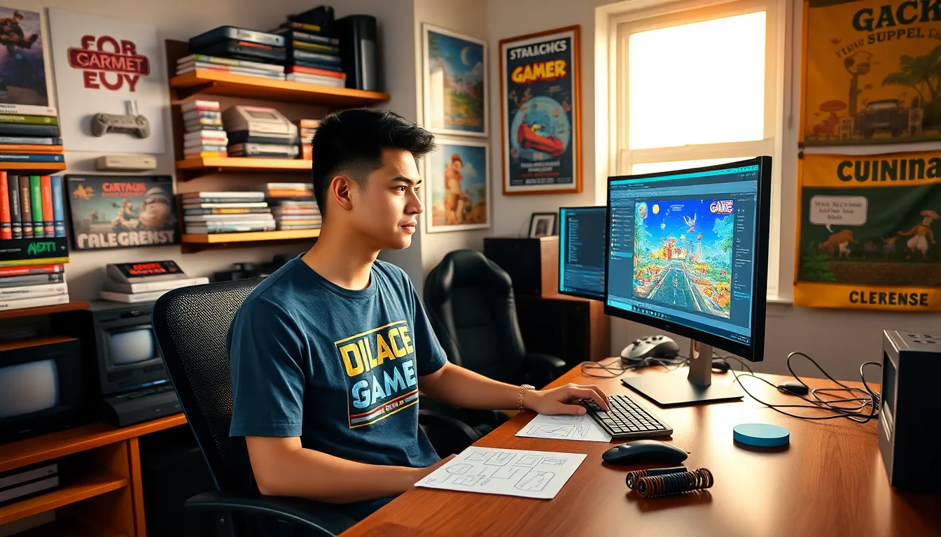 a young gamer focused on game development in a cozy home office.