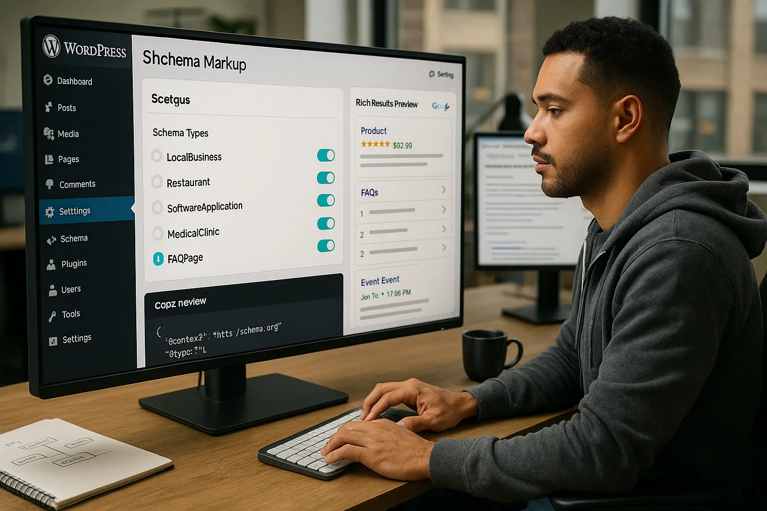 Marketer configures a WordPress schema markup plugin showing rich search result previews.