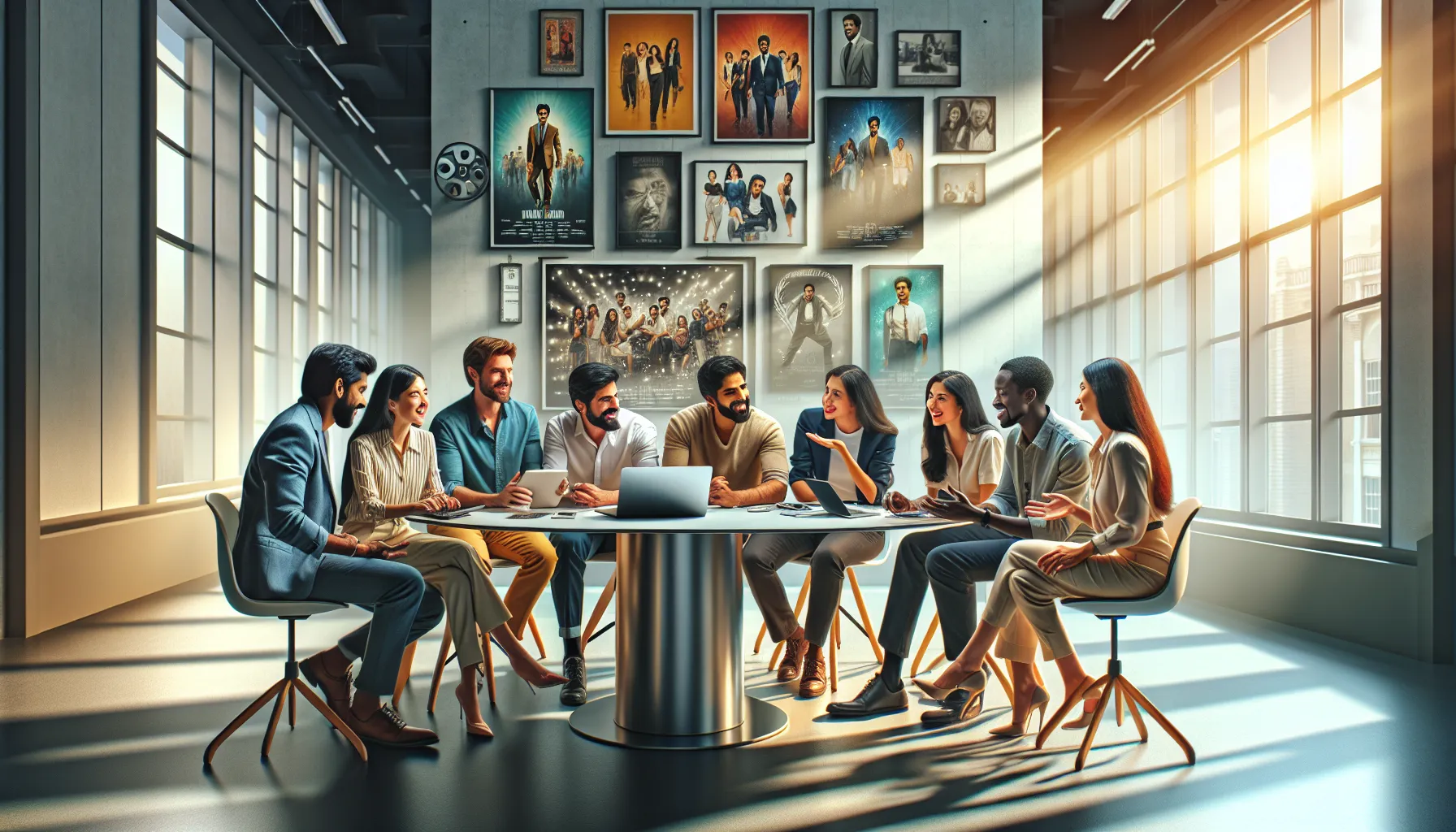 diverse group discussing Telugu cinema in a modern workspace.