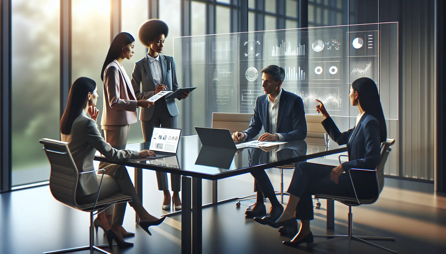 diverse professionals discussing data in a modern office.