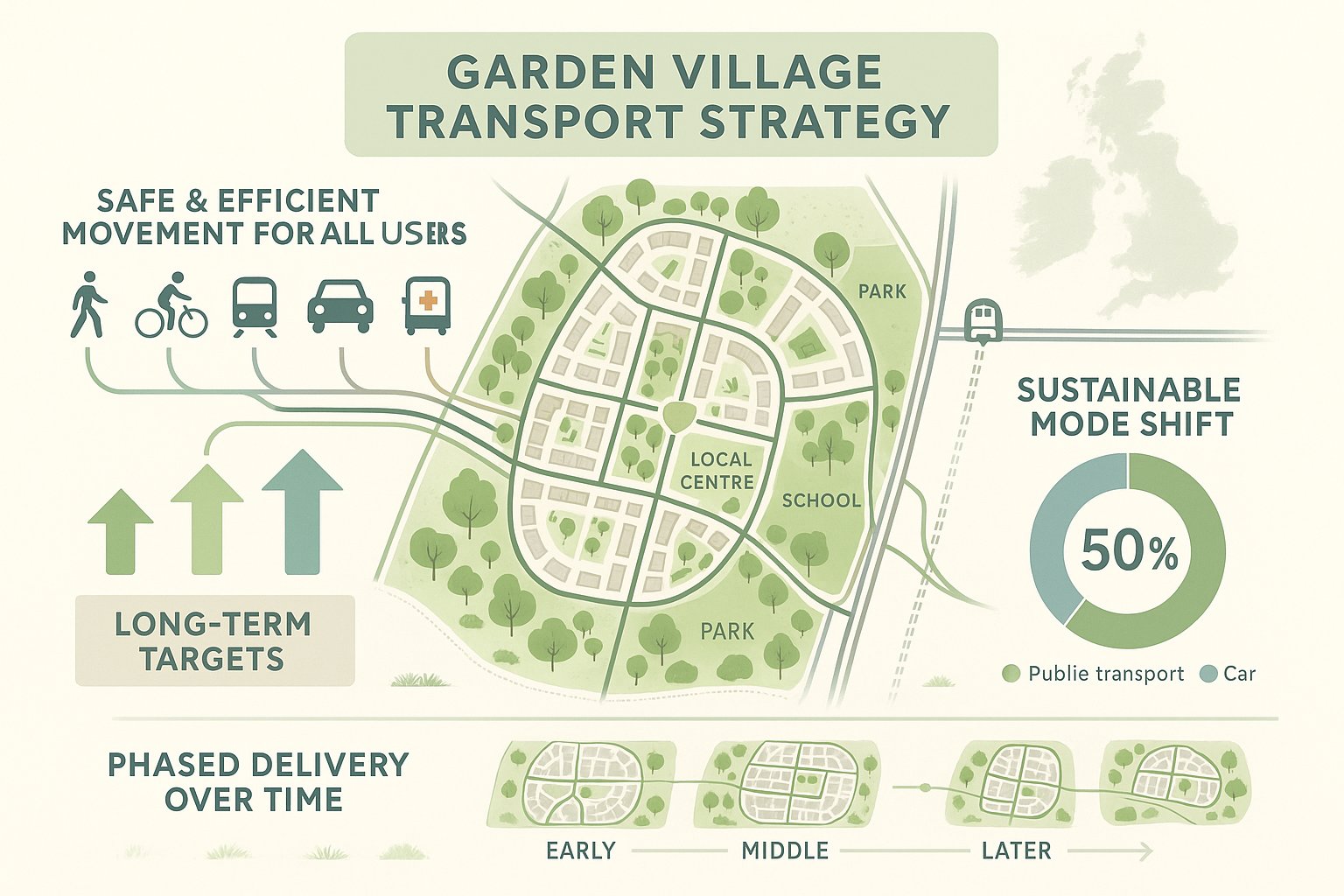 Infographic of a garden village transport plan with routes, targets, and phased growth.