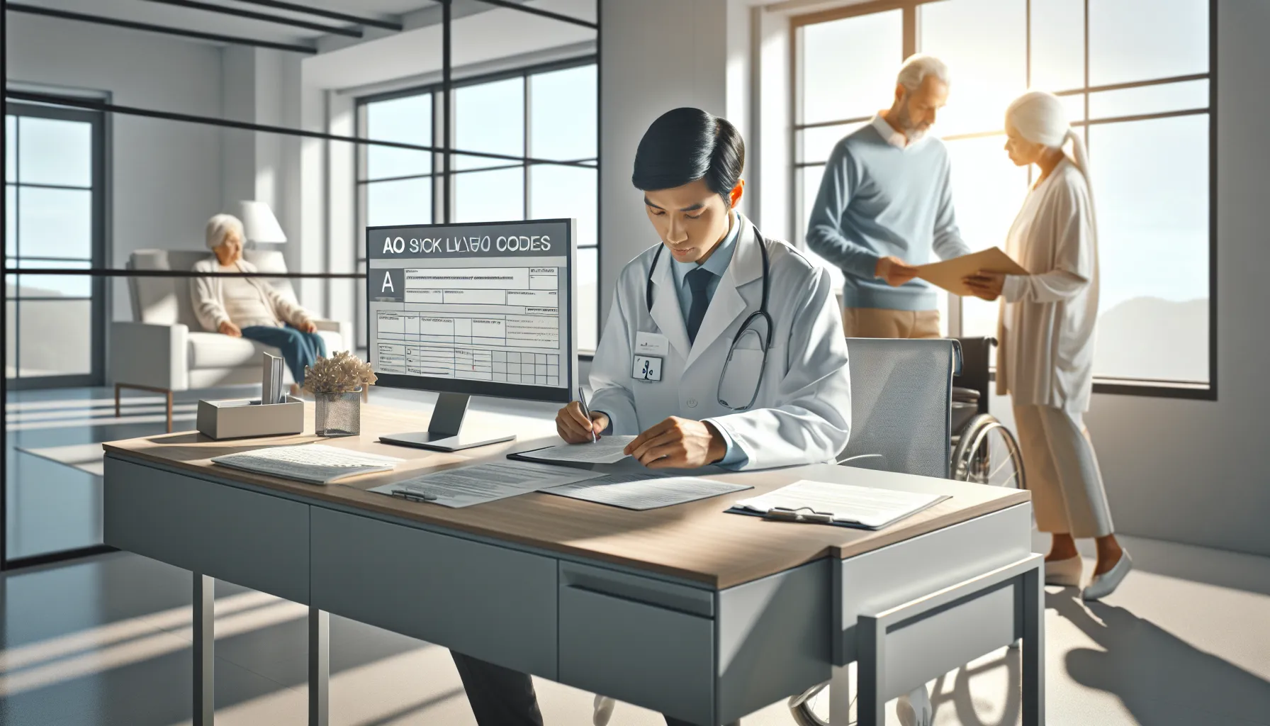 Healthcare professional reviewing AO sick leave forms with family caregiving scene in background